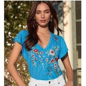 Johnny Was Lissa Flutter Sleeve Tee Boho Blouse Blue Shirt Embroidery Top Small